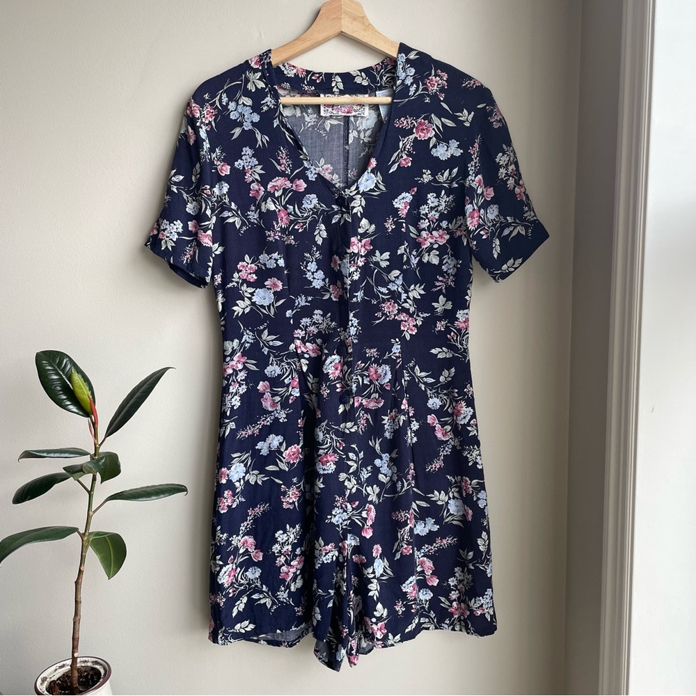 Vintage Floral Navy Blue Romper | Medium | Button Up